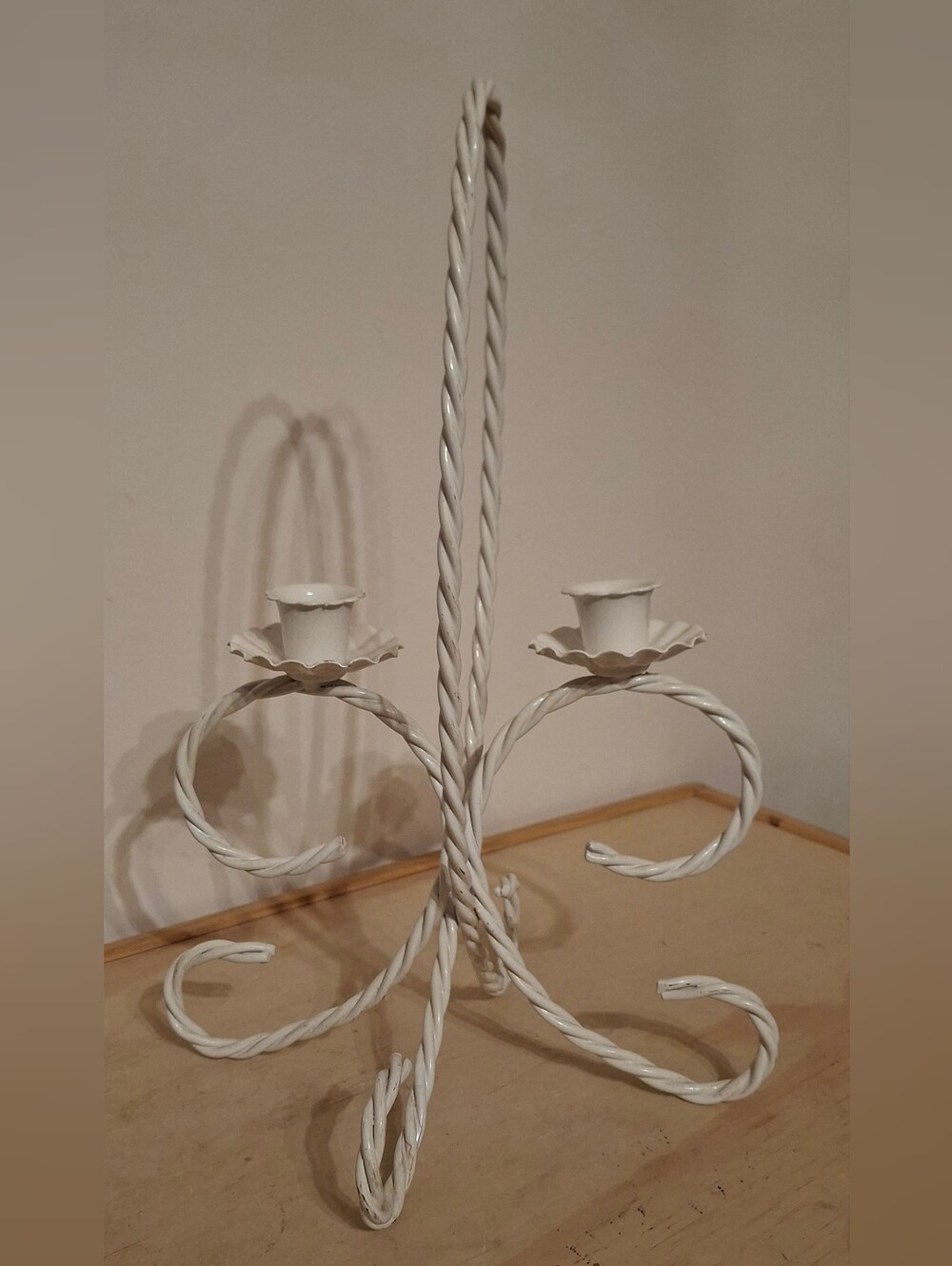 Vintage White Metal Candle Holders, Table Sconce Candelabra, Twisted Rope Decor